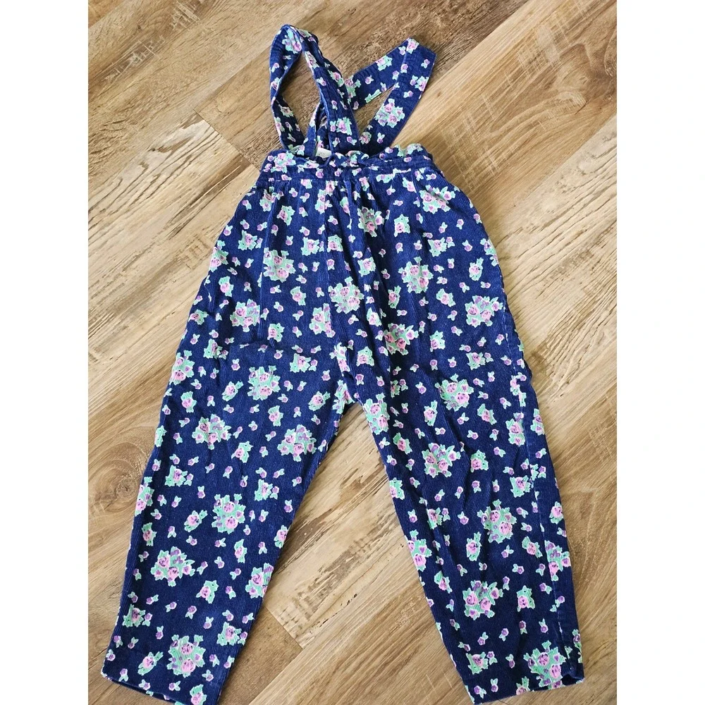 Popsicle Vintage Kids Corduroy‎ Floral Overalls Navy Blue Pink Green Size 4